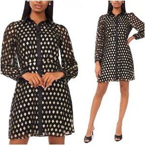 Halogen Black and Gold metallic Long Sleeve Printed Button Down Dress size small